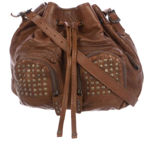 Frye Brooke Studded Brown Leather Drawstring Bucket Crossbody Bag Purse - Picture 2 of 9